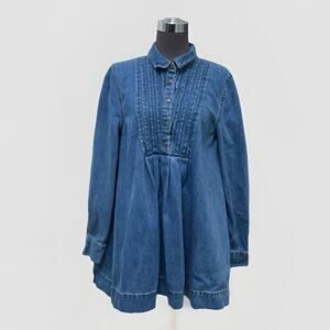 Free People Baby Blues Denim Tunic Womens Small Long Sleeve Pleated Collar
